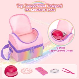 Kids Small Nail Polish Storage Holds 24 Bottles (0.15 fl oz - 0.17 fl oz), Double Layer Carrying Case for Nail Supplies, Rainbow Sequins Design, for Kids Girls Dress Up Play Travel, Pink, Case Only