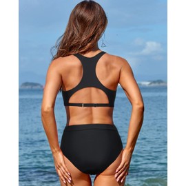Tempt Me Women High Waisted Bikini Two Piece Swimsuits High Neck Crop Top Racerback Sporty Bathing Suits for Teen Girls, Black, XX-Small