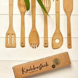 bambuswald© Plastic-free and environmentally friendly kitchen utensil set (6 pieces) made of 100% bamboo, kitchen spoons, e.g. mixing ladle, soup ladle, pasta ladle, cooking spoon set, kitchen