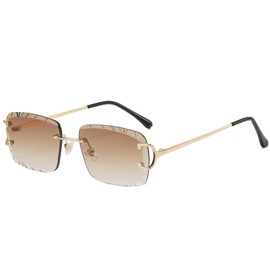 FLJMRAVER Retro Rimless Rectangle Sunglasses for Men Women Luxury Frameless Square Trendy Shade Diamond Cutting Eyewear, A5* Gold / Gradient Brown, Adult