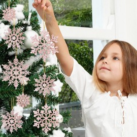 36 Pack Plastic Rose Gold Snowflake Ornaments Christmas Winter Decorations, Hanging Snowflake Decorations for Winter Wonderland Christmas Tree