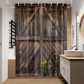 Jipusai Rustic Barn Door Shower Curtains, Western Vintage Farmhouse Wood Board Shower Curtain Sets for Bathroom Decor, Brown Wooden Country Bath Curtain with Hooks, 48X70IN