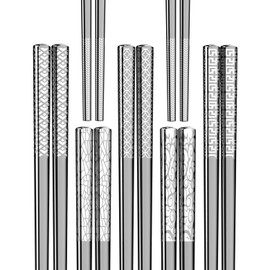 Metal Chopsticks Reusable 18/8 stainless steel Chopsticks 5 Pairs Modern Style Dishwasher Safe Lightweight Non-Slip Chop Sticks 9 1/4 Inches Present Set