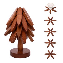 Wooden Tree Trivets for Hot Dishes Tree Shape Trivet Set of 4 for Hot Pot Pans Wood Tree Coasters for Bowls Teapots Drinks Plates- 4 Wooden Trivets + 1 Stand stored