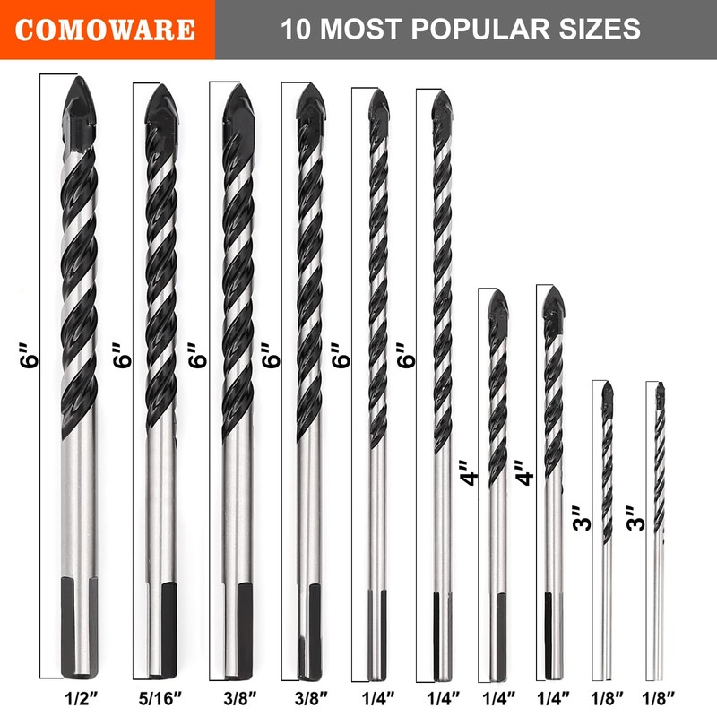 COMOWARE Masonry Drill Bit, 10 Pcs Concrete Drill Bit 1/8”