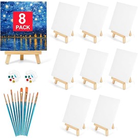 8 Pack 8 * 10In Canvas Boards for Painting, Art Canvas for Drawing with 10 Brushes & 2 Paint Trays, Mini Painting Canvas with Easel Set, Painting Kits for Adults & Kids Party