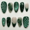 24Pcs Dark Green Press on Nails Medium Almond French Tip