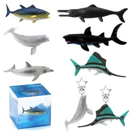 FineInno 6Pcs 3D Resin Fillers Ocean Animals Figures Realistic Beluga Sailfish Tuna Dolphin Shark Teyman Dragon Fish Sea Creatures for Epoxy Resin Mold Filling Materials Decoration