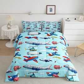 Kids Aircraft Comforter Set Boys Cartoon Airplane Print Comforter Helicopter Flying Plane Bedding Set for Children Girls Travel Decor Duvet Set Cute Colorful Planes Room Decor Full Size Quilt Set