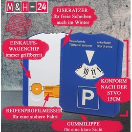 M&H-24 Parkscheibe Auto Parkuhr mit Eiskratzer - Parkscheiben mit Reifenprofilmesser und Einkaufswagenchip | Parking Disc aus Kunststoff
