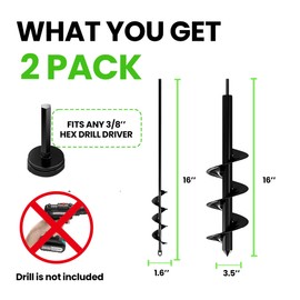 K-Brands Auger Drill Bit for Planting 2 Pack 1.6 x 16 Inch & 3.5 x 16 Inch Set – Garden Spiral Hole and Bulb Planter Tool for Umbrella Holes - Compatible with 3/8 Inch Hex Drive