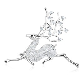 FAMARINE CZ Sika Deer Brooches for Women, Christmas Animals Brooch Pin Paved by Cubic Zirconia Crystals (Silver)