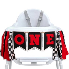 ZAIBIANHAO Race Car One High Chair Banner - Racing Themed Highchair Decor,Checkered Birthday Accessory,Black And White Plaid Striped Fabric Garland (race car banner)