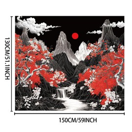 WEBEEDY Mountain River Tapestry Black and Red Japanese Style Tapestry Wall Hanging Night Moon Cherry Landscape Tapestry Aesthetic Nature Wall Backdrop for Photography Home Decor,130x150cm/4.27x4.92ft