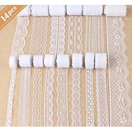 ABSOFINE Lace Ribbon, 42 m White Beige Vintage Set Total 14 Rolls for Sewing Wedding Table Decoration Crafts Gift Ribbon