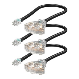 DEWENWILS 2 FT 12/3 Gauge Indoor Tri-Tap Extension Cord Splitter, STW 15 Amp Contractor Grade Heavy Duty Power Cable with LED Lighted Plug, UL Listed, Pack of 3 for Christmas