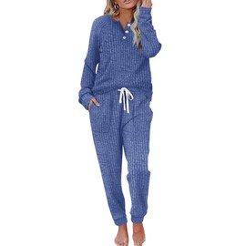 WIHOLL Lounge Sets for Women Two Piece Outfits Fall Fashion Pajamas Sets Blue L