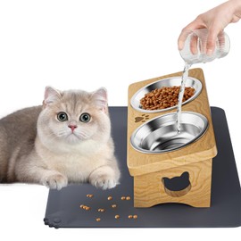 Solid Wood Elevated Cat Bowls with Silicone Food Mat, 15° Tilted Raised Cat Food and Water Dishes, Anti-Vomiting Design, 2 Stainless Steel Bowls for Cats & Small Dogs