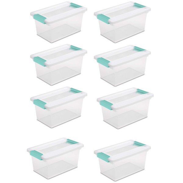 Sterilite Medium Stackable Clear Plastic Storage Tote Container with Clear Latching Lid & Green Clips for Home and Office Organization, Clear (8 Pack)