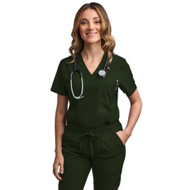Green Town Scrubs for Women - Tuck-In V-Neck Scrub Top, Stretch Fabric, Lightweight, Easy Care-True Olive-X-Large