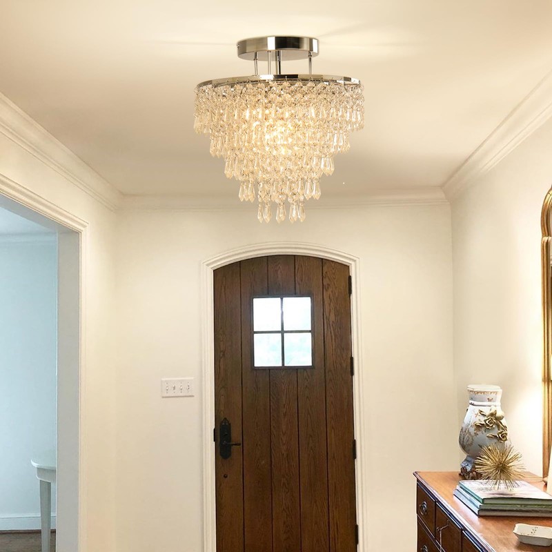FRIXCHUR 11.8" Crystal Chandelier Chrome Flush Mount Ceiling Light 5