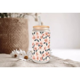 Mugzan Pink Sunny Flowers Frosted Glass Can W Bamboo Lid 16 Oz Glass Cup by Mugzan