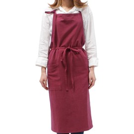 Anyasun Linen Apron, Bib Apron, Caf Style, Simple, Stylish, Natural, Scandinavian, Solid Color, Hides Bum, With Pockets, Unisex, 03 red