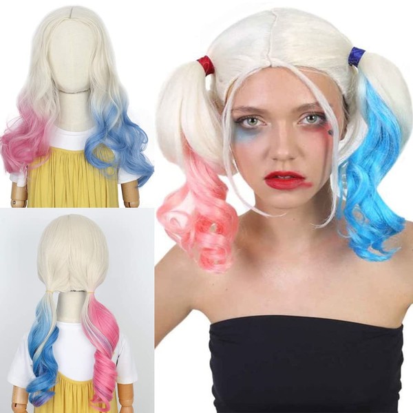 Joker Costume Cosplay Wigs for Kids Long Body Wave Half Pink Half Blue Synthetic Costume Anime Wig with Blonde Roots for Girls Children Halloween Use