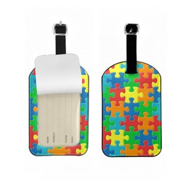 Zoczos Autism Awareness Suitcase Tags Colorful Puzzles Symbol of Autism Luggage Tag with Full Privacy Cover Leather Strap for Travel Bag Handbag, 1 Pack