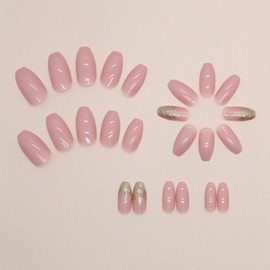 Coffin Press on Nails Medium Fake Nails with Design Gold Glitter Sequins Glossy Glue on Nails Pink Acrylic Full Cover Square False Nails Shiny Artificial Nail for Women Girls Manicure 24Pcs
