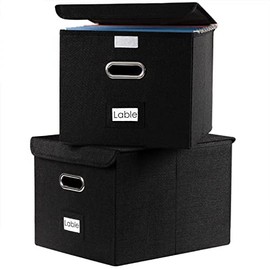 PRANDOM File Organizer Box - Set of 2 Collapsible Decorative Linen Filing Storage Hanging File Folders with Lids Office Cabinet Letter Size Black (15x12.2x10.75 inch)