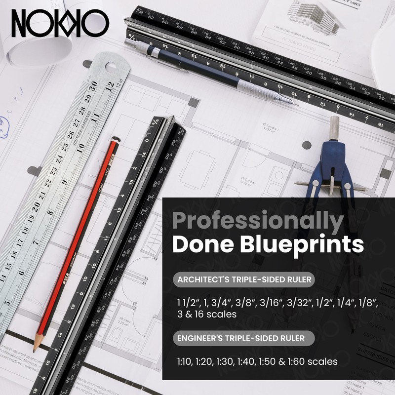 NOKKO 12 Inch Architectural and Engineering Scale Ruler Set -