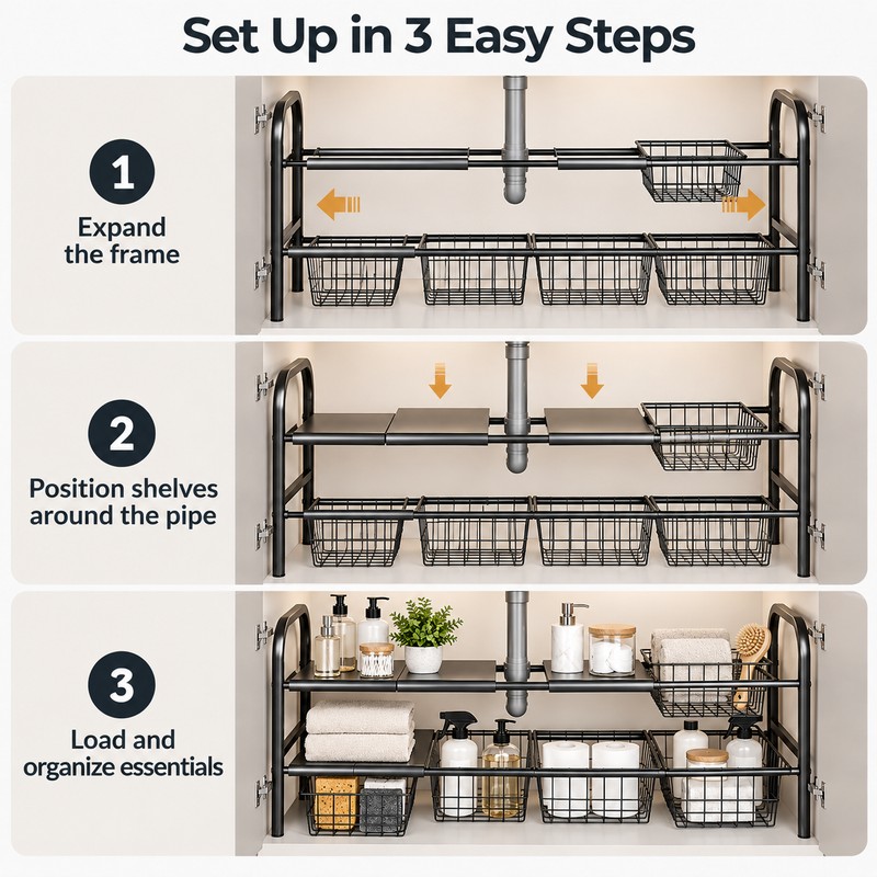 Expandable Under-Sink Organizer for Kitchen & Bathroom – Single-Tier 3-Panel
