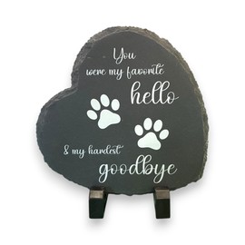 Pet Memorial Heart-Shaped Slate Plaque, 15 x 15 cm, Favourite Hello Hardest Goodbye Design with Stand