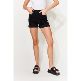 Judy Blue Full Size High Waist Tummy Control Cuffed Denim Shorts - Color: Black, Size: M