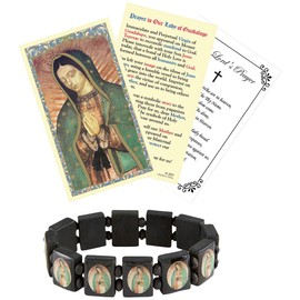 Virgin Mary Bracelet with Our Lady Of Guadalupe Prayer Card, The Lord's Prayer | Black Wood Our Lady Of Guadalupe Bracelet with Catholic Prayer Cards | Virgen De Guadalupe Bracelet Set of 3 Items