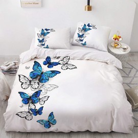 Luowei Butterfly Bed Linen 155 x 220 cm Blue White Butterfly Pattern Duvet Cover Set Microfibre Reversible Bed Linen with Zip and 2 Pillowcases 80 x 80 cm