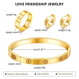 3 Pcs Gold Hoop Earrings Bracelets Ring Sets for Women-18K Gold Love Bracelet Cross Cuff Bangle Hoop Earrings Friendship Love Ring Jewelry Set,Wedding Party Christmas Valentine's Day Birthday Gifts