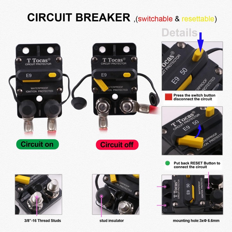 T Tocas E9 150A Amp Circuit Breaker Double 3/8" Studs