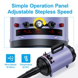 Professional Dog Grooming Dryer with Heater, 5.2HP High-Power Dog Blower, Variable Speed Adjustable, Low Noise Pet Hair Dryer for All Breeds(Purple)