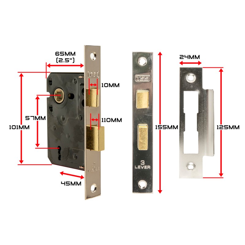 TSS 3 Lever Mortice Sash Lock for Internal Doors 2.5"