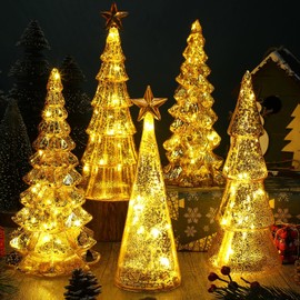 Soaoo 5 Pcs Mercury Glass Christmas Tree with LED Lights 10 Inch Large Figurine Lighted Christmas Tree Decoration Light up Tabletop Glass Decor for Home Table Centerpiece(Silver)