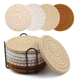 La Desire Drink Coasters with Holder, Cotton Woven Coasters Set of 8, 4 Colors Absorbent Coasters for Table Protection, Home Decor, Decoration for Coffee Table, Cups, Bar (Coffee)