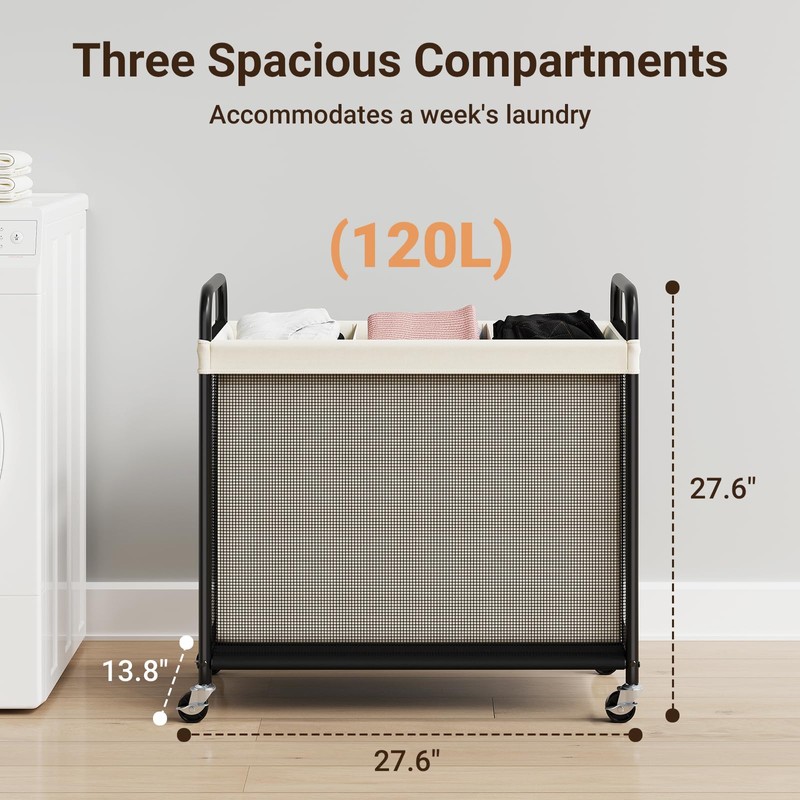 ELYKEN Laundry Hamper 3 Section, 120L Rolling Laundry Sorter with