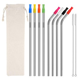 MVS Wholesale 19 Piece Set, 8 Reusable Eco Friendly Silver Metal Stainless Steel Drinking Straws, 2 Cleaning Brushes, 1 Storage Bag, 8 Silicon Tips 4 Straight, 4 Bent, Smoothie, Hot Drinks (SSS0101S)