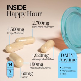 Moodeys Happy Hour, Mood Boosting Supplement | Fights Stress & Combats Anxiety | Functional Mushrooms & Adaptogens | Chaga Mushroom (5,100mg), Lion's Mane (2,700mg) & Ashwagandha KSM-66 (1,920mg)