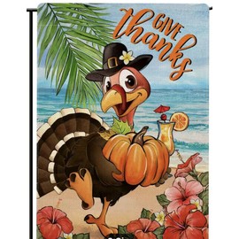Unbranded THANKSGIVING LINEN GARDEN FLAG 12"X18" "GIVE THANKS" BEACH HOUSE TURKEY NEW