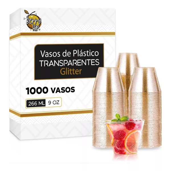 Berry Bloom 1000 Vasos Desechables De Plástico Con Glitter, Fiesta 9 Oz