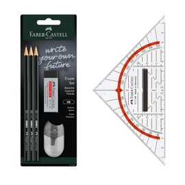 FABER-CASTELL 205067 Exam Pencil Set with Set Square 14 cm, HB Pencils, Eraser and Sharpener