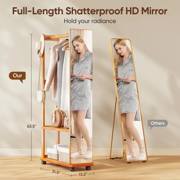 Verinch Bamboo Hall Tree Storage Stand w/ Full Body Mirror